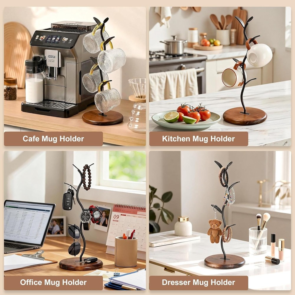 Mug Tree Holder Bronze Metal Leaf Branch & Solid Wood Base Mug Holders