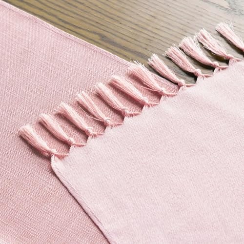 Tassel Table Runner, Linen Blend Rustic 13" x 72", Table Runner Blush Pink