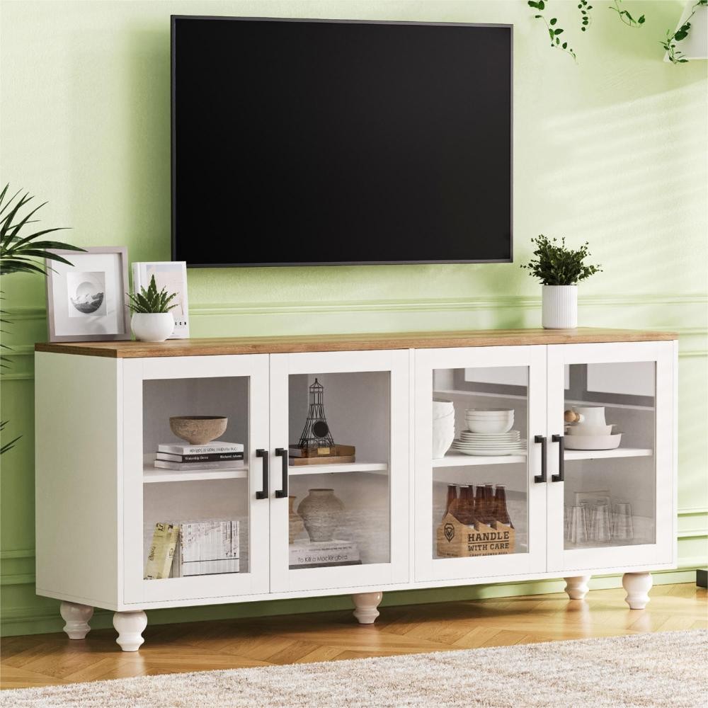 TV Cabinet W Glass Doors Features Adjustable Shelves Includes 5 Solid Wood Legs