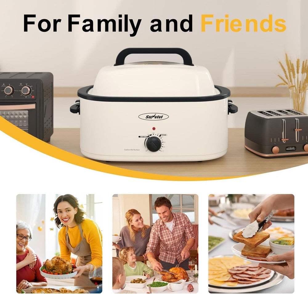 Electric Roaster Oven 24Qt Large Roaster with Viewing Lid Defrost Function White