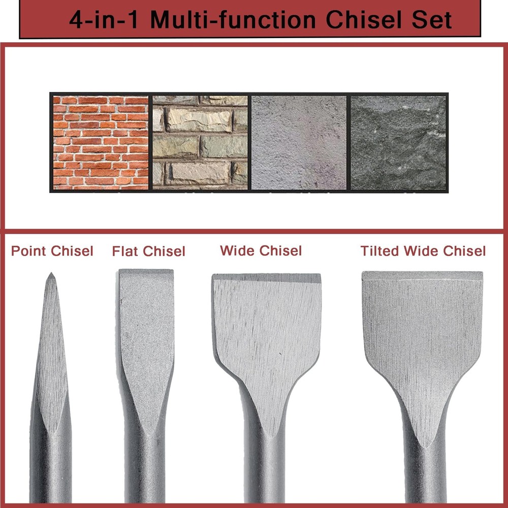 4 pcs SDS MAX 15.7 inch Chisel Set, Masonry Concrete Drill Bit Set, Tile Remo...