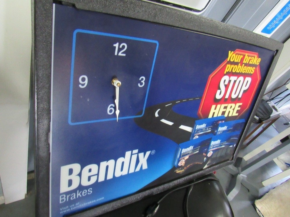 Large Bendix Stop Here Brakes Shop clock lighted plastic sign black frame