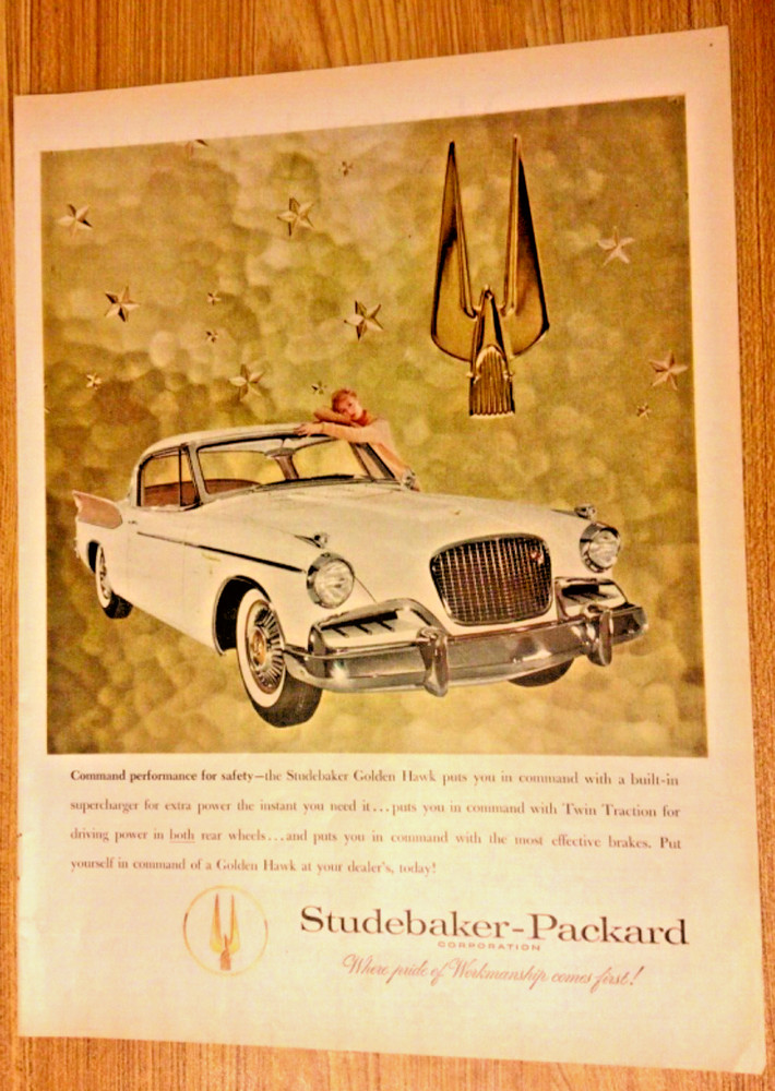 1957 Studebaker Golden Hawk large-mag car ad- “Command Performance “