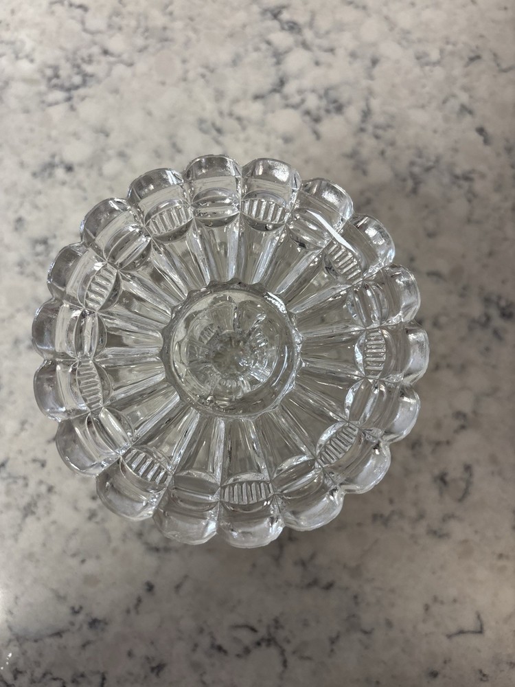 Clear pressed glass covered compote in the 'Cut Log' pattern.