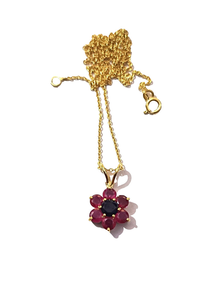 Natural Ruby &Sapphire Pendant Necklace 14K Solid Gold Plating Gemstone Necklace