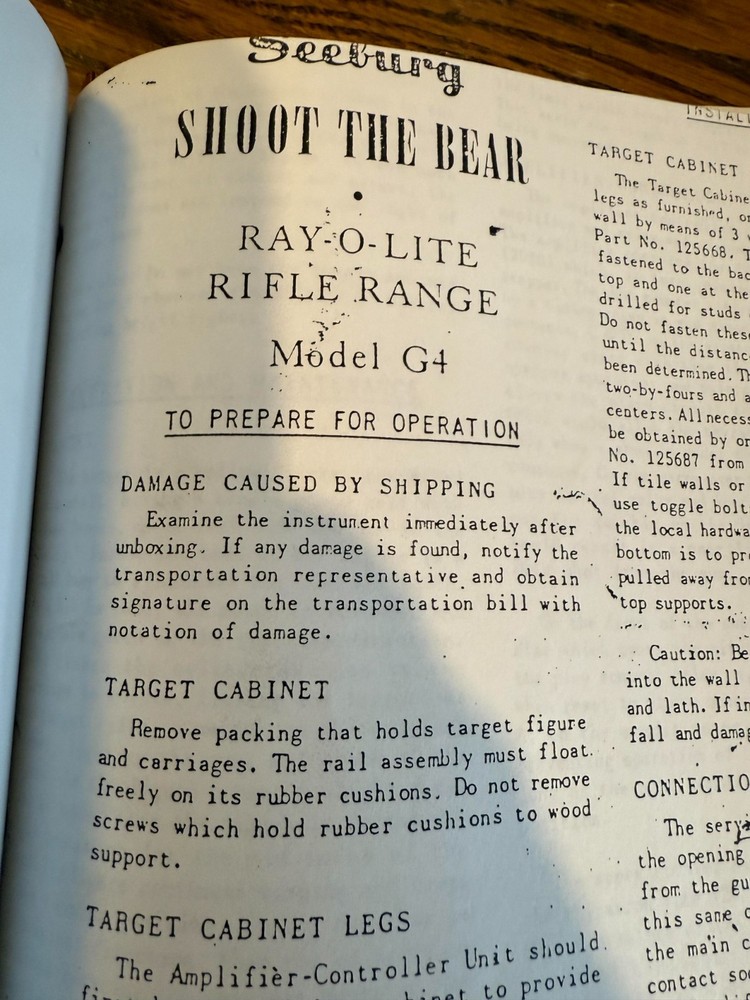 Seeburg Multi Rayolite Rifle Range and Shoot the Bear Manual