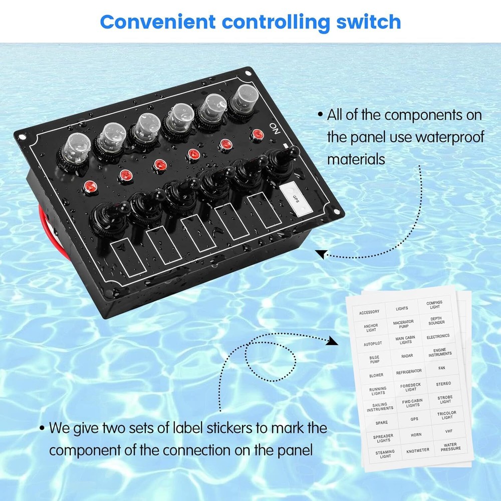 Marine Switch Panel, 6 Gang Boat Electrical Panel with Breaker, IP67 Waterpro...