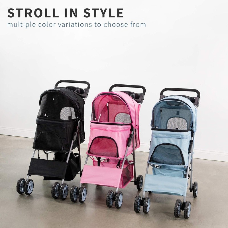 Pet Stroller Collapsible W/ Mesh Windows Large Compartment Dual Cup Holders New