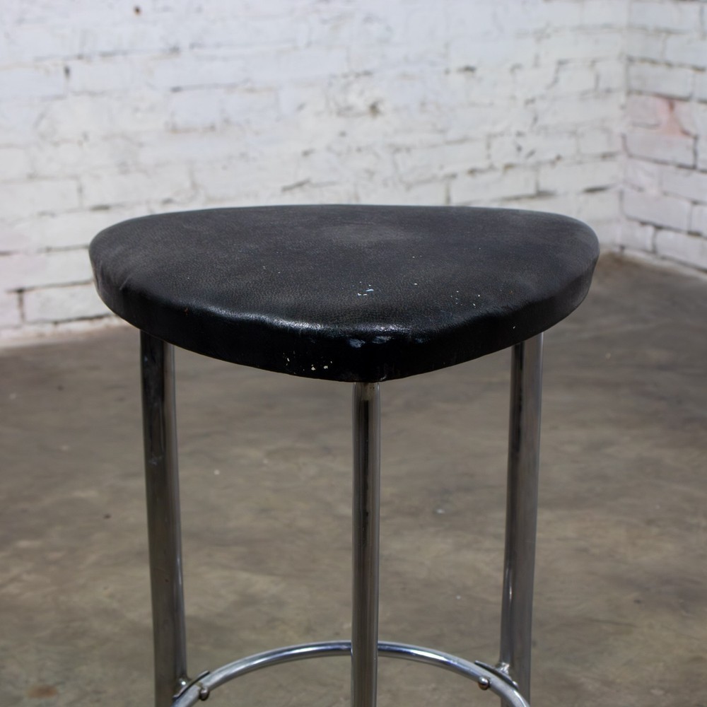 Art Deco Streamline Moderne Low Stool Solid Chrome Legs & Black Vinyl Seat