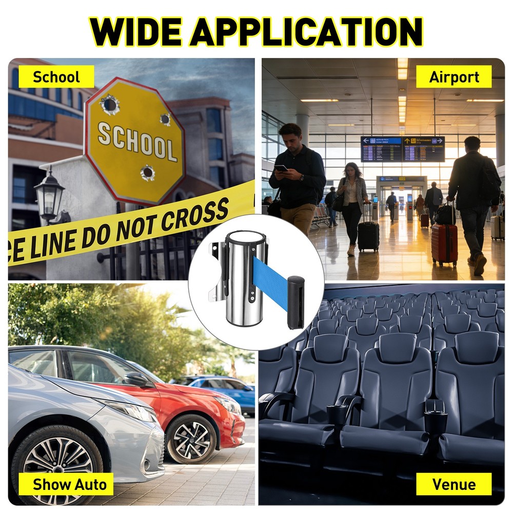 9.8 Foot Fixed Wall Mount Retractable Belt Barrier Set, Blue