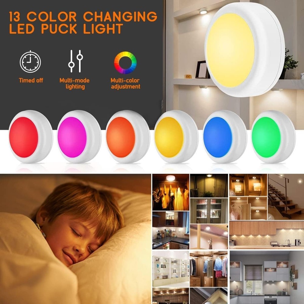 Multicolor LED Puck Lights - 6 Pack with Dimmable Functions & Adhesive Mounting