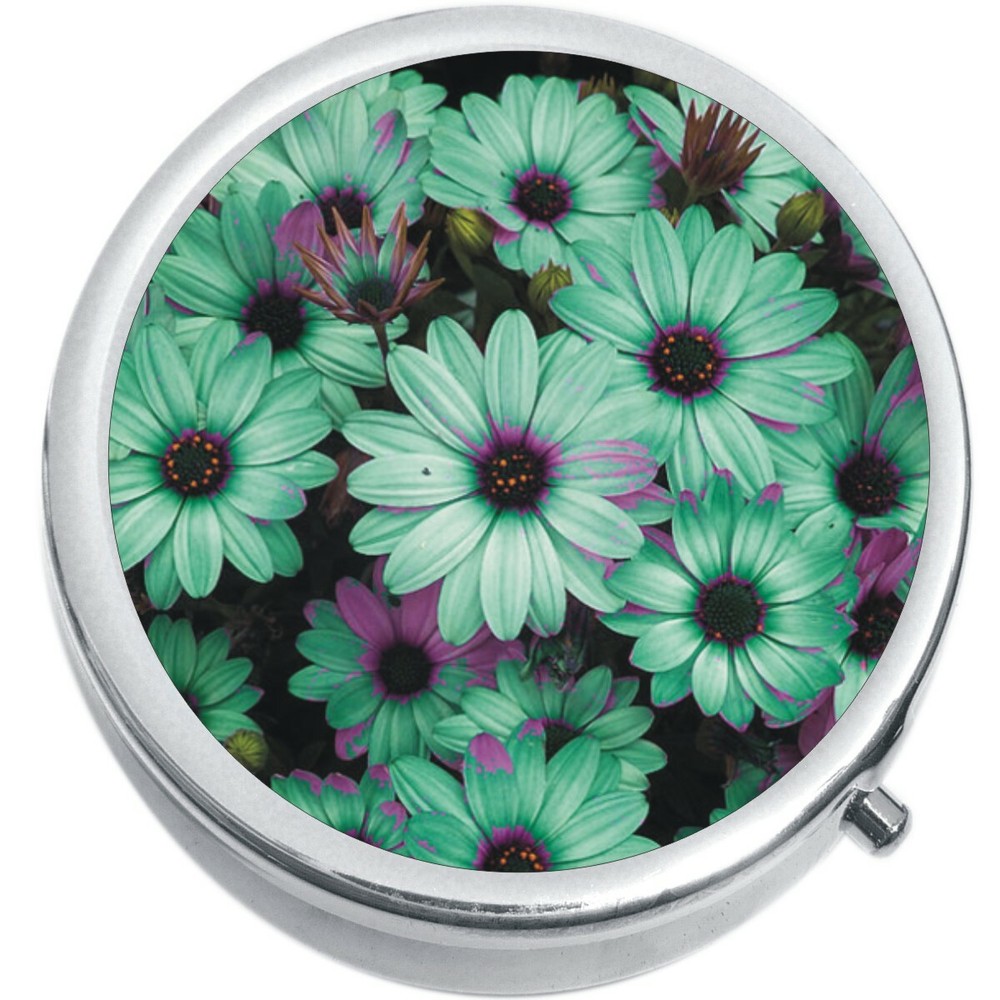 Teal Daises Medicine Vitamin Compact Pill Box