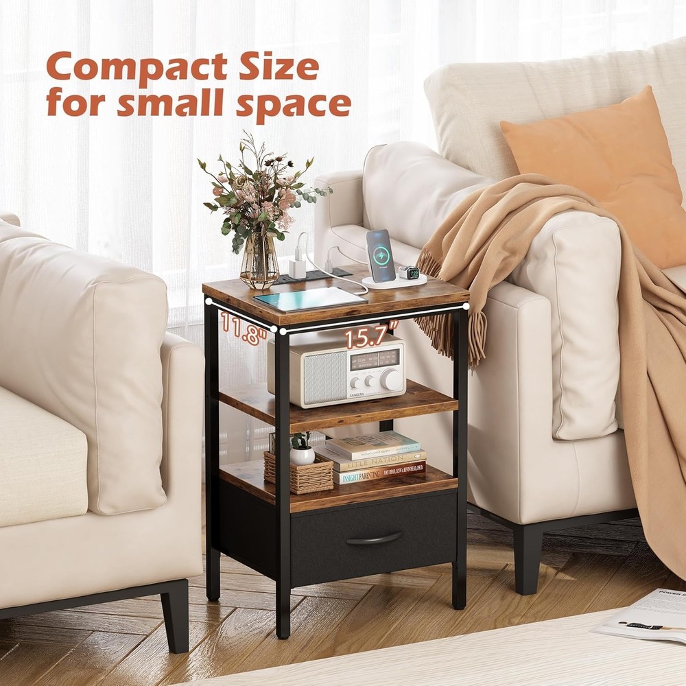 Nightstand with Charging Station, Bed Side Table with Adjustable Fabric Drawe...