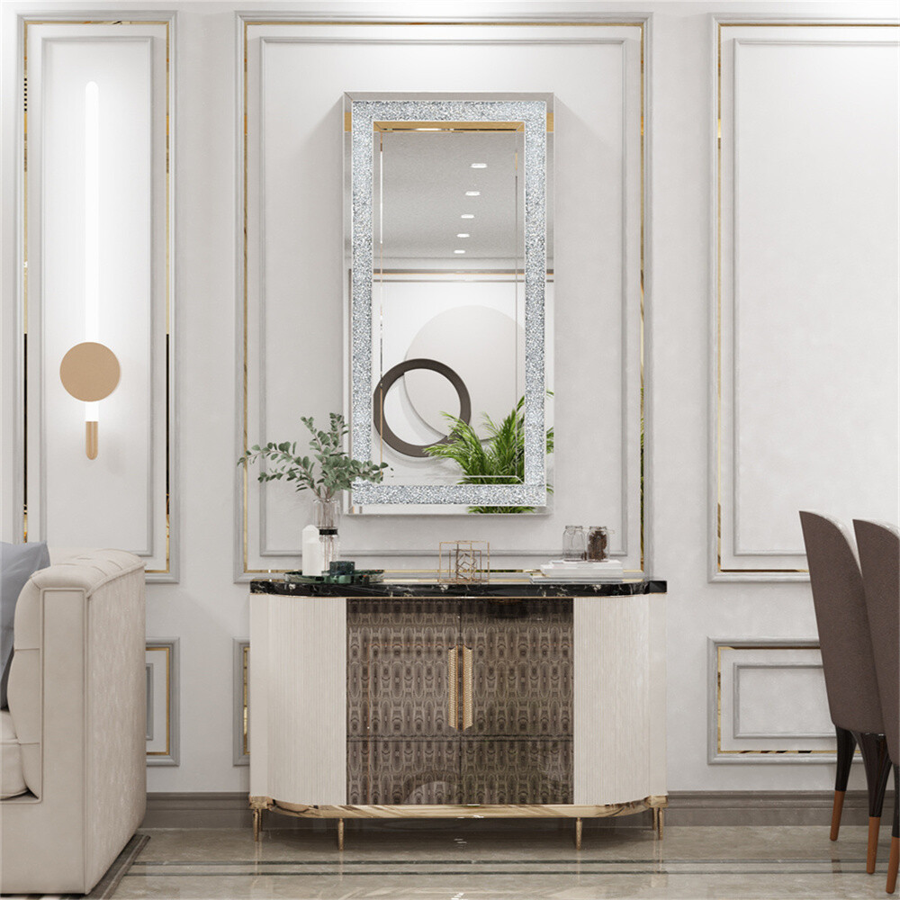 Large Crystal Crush Diamond Rectangle Silver Mirror Wall Hang Frameless Mirror