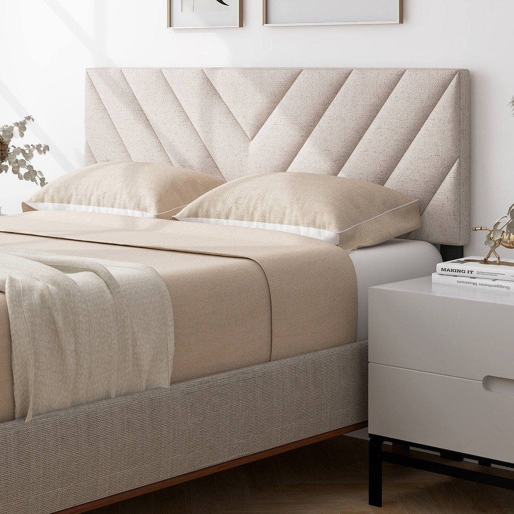 Linen Fabric Upholstered Headboard Rectangular Headboard w/ Solid Wood Legs