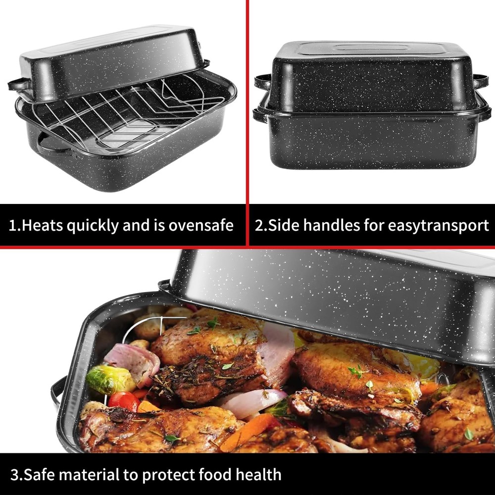 QPMR Roasting Pan with Rack, 21” Rectangular Granite Roaster Pan, 25lb Capaci...