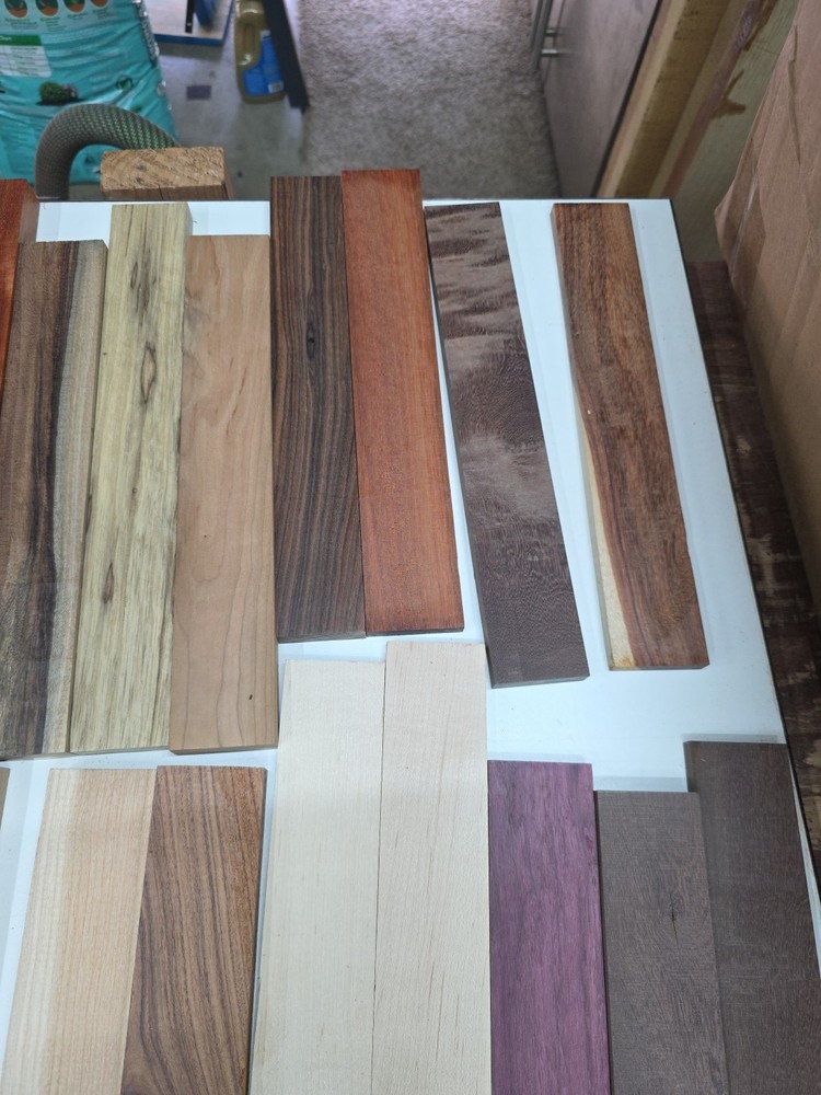 Assorted Domestic And Exotic Cutting Board Strips. 60 Total