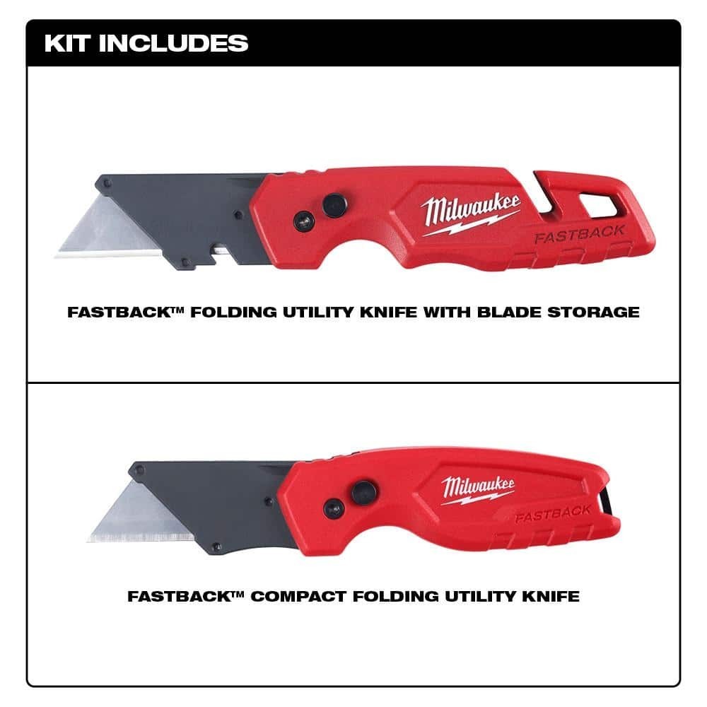 FASTBACK Folding Utility Knife 2 Pack with Blade Storage Gut Hook