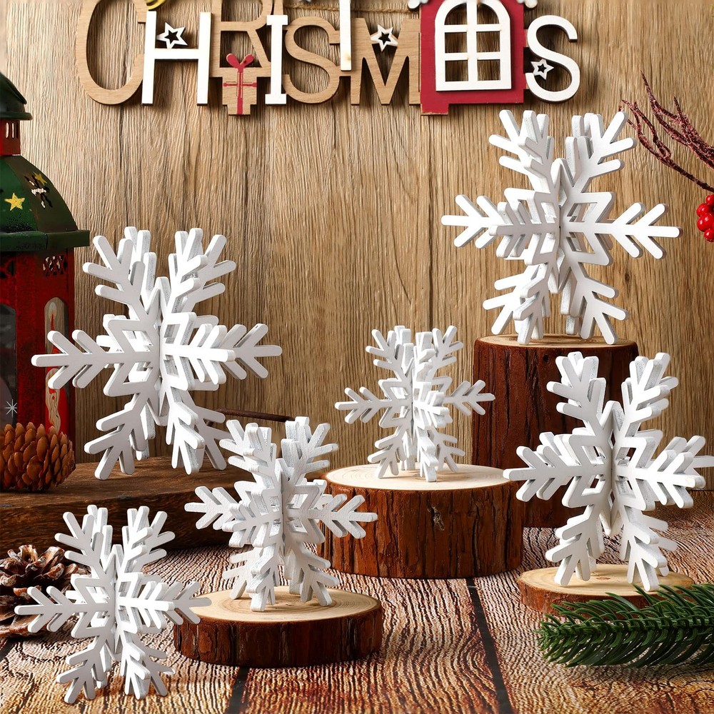 Bucherry 12 Pcs Wooden Snowflake Table Decor 3D Tabletop White