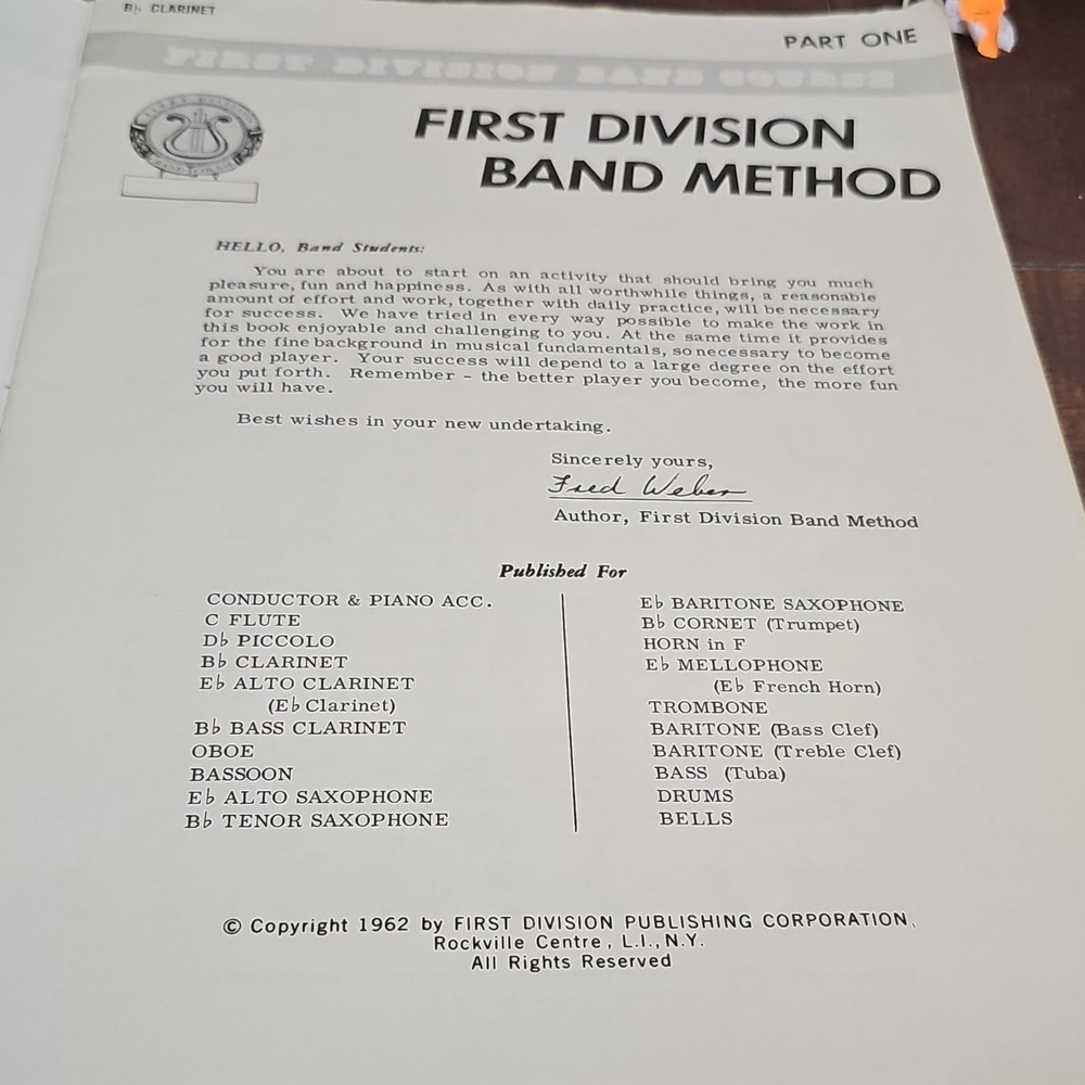 First Division Band Method Clarinet Workbook Fred Weber 1962 Home Practice