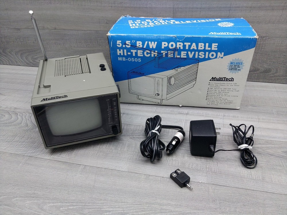 MultiTech 5.5" B/W Portable HI-TECH TELEVISION MB-0505, Cords, Box, Styrofoam.