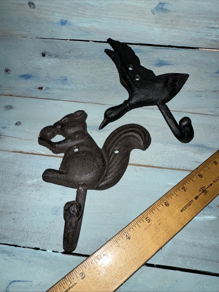 2 Cast Iron Hooks For Robe Hat Towel Etc. Squirrel & Flying Goose