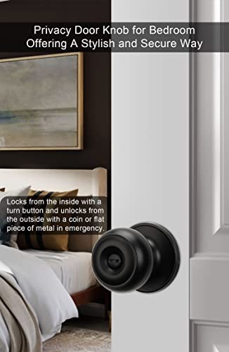 Matte Black Keyless Privacy Door Knobs - 6 Pack Interior Bedroom & Bathroom Knob