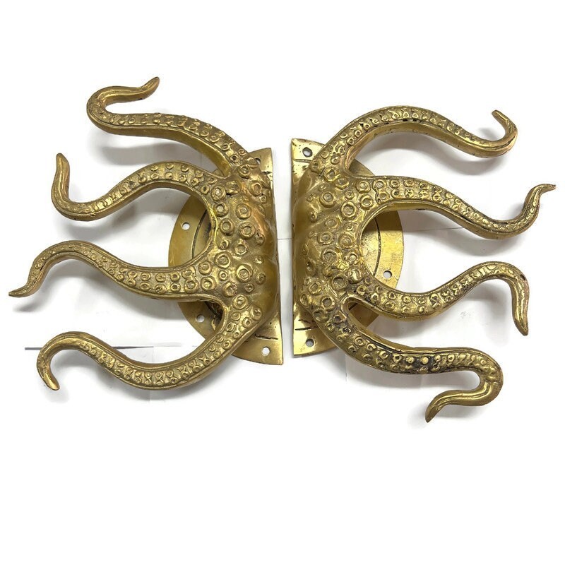 2 RUSTIC heavy Brass Stunning Large Octopus Solid Door Handle grab PULLS aged