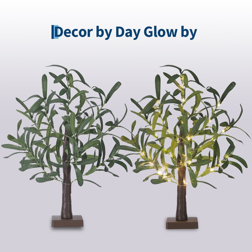2 Pack Lighted Olive Tree, 21" Artificial Tabletop Tree w/ 50 LED Fairy Lights
