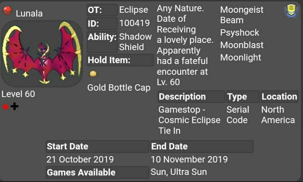 ✨Shiny✨ Event Lunala For Sword & Shield