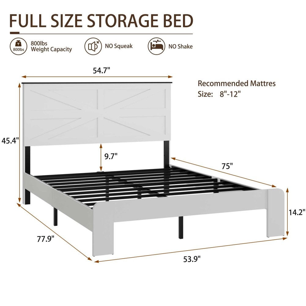 Full Size Bed Frame Wood Platform Bed w/ Headboard Metal Slat Support White