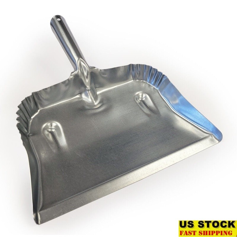 Heavy Duty Galvanized Steel Dustpan W/ Long Handle Workshop Home & Garage Silver