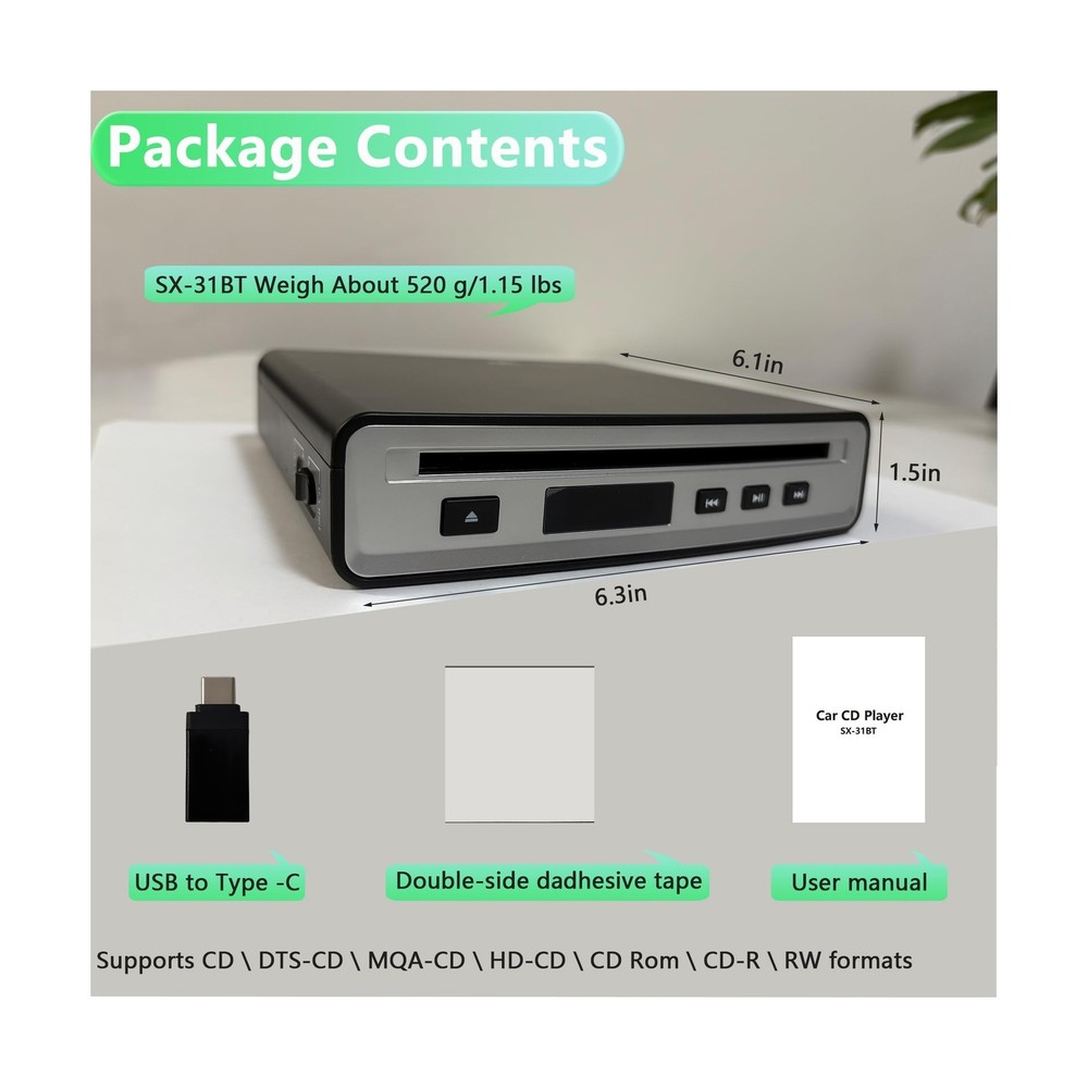External Portable Car USB or Bluetooth Connected Hi-Fi CD Player, Plug and Pl...