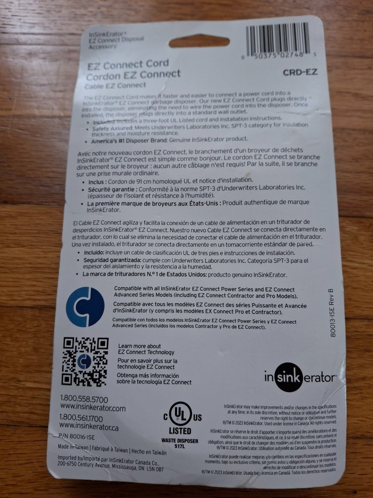 InSinkErator CRD-EZ Connect Power Cord 3 Ft For use on EZ Connect Disposals