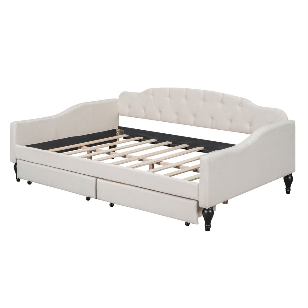 Full Size Daybed Upholstered Bed Frame Sofa Bed with 2 Storage Drawer Beige