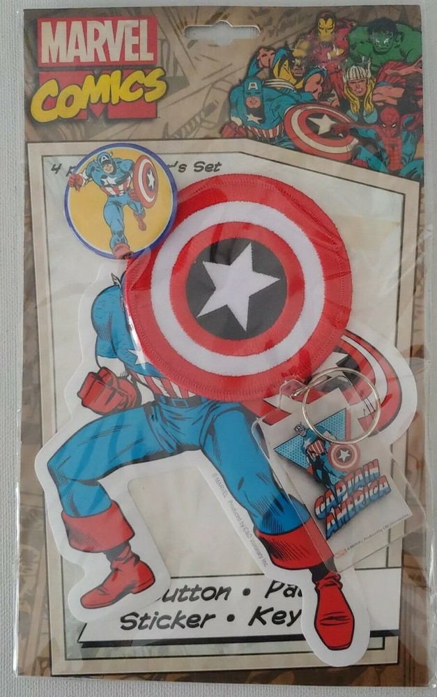 Marvel Comics Captain America Button, Sticker, Key Chain, Patch Set