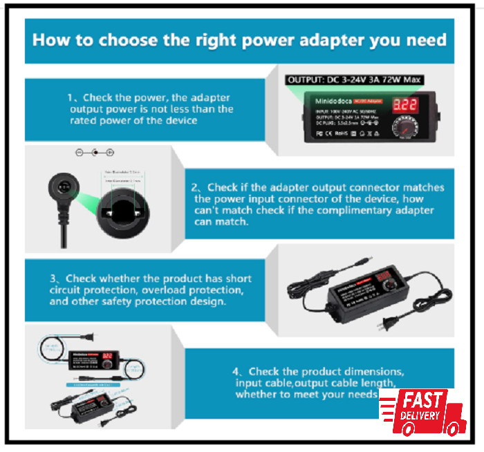 72W Power Supply Adjustable DC 3V ~ 24V Variable Universal Switching ACDC Adapt