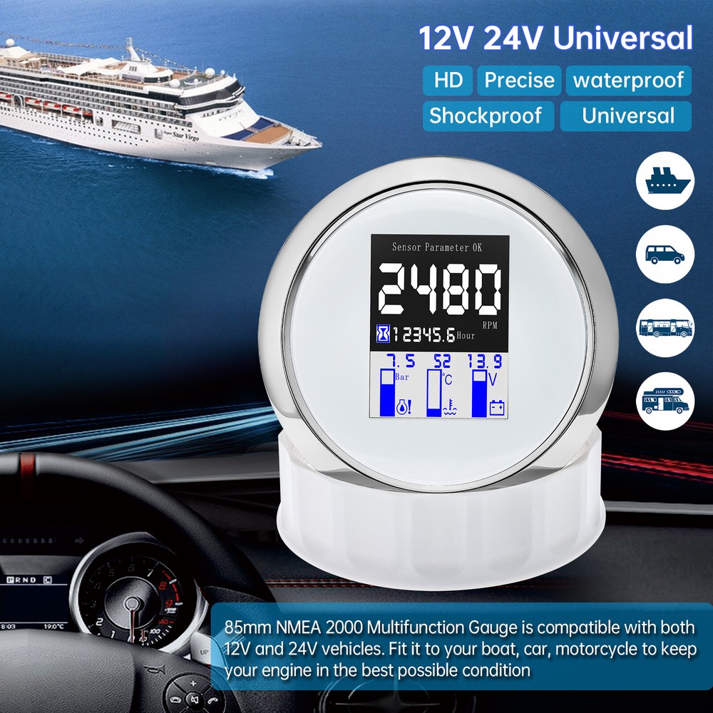 85MM NMEA 2000 Multi-function Gauge Tachometer Water Temp Oil Press Voltmeter