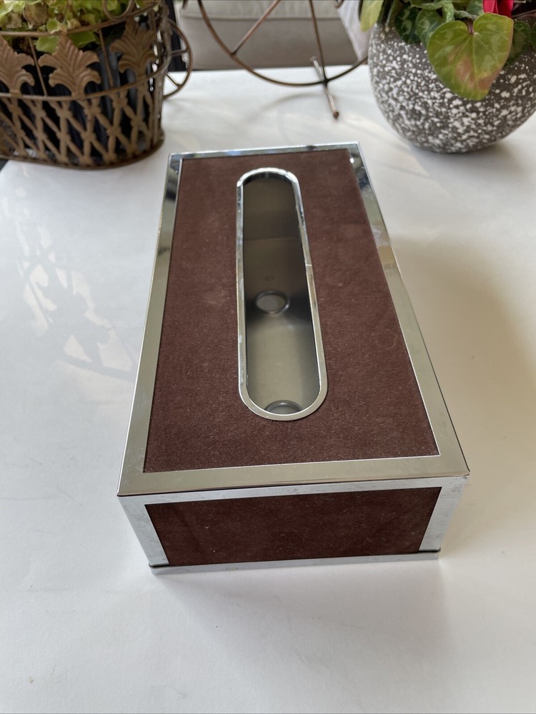 Vtg Stylebuilt Chrome Suede Tissue Box Holder Vanity 2 Pc