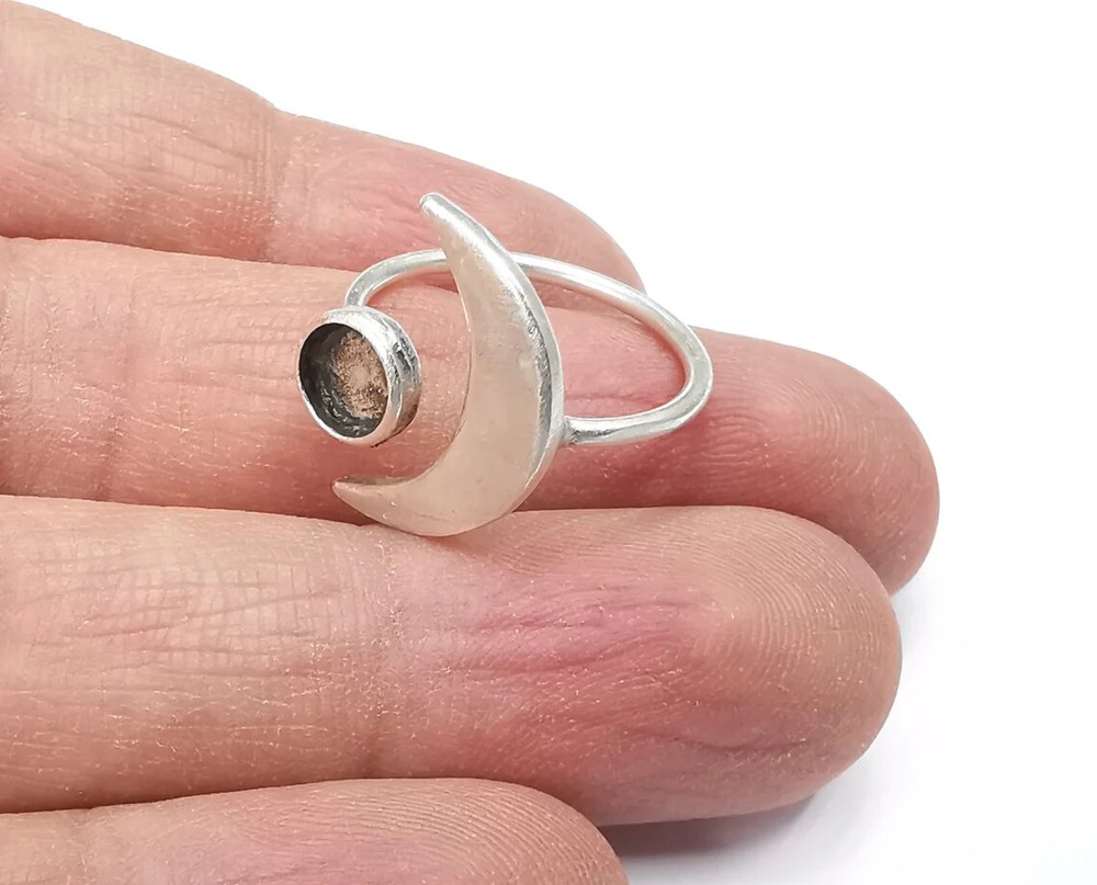 Crescent Moon Silver Ring Blank Base Bezel Settings Cabochon Mountings G27643