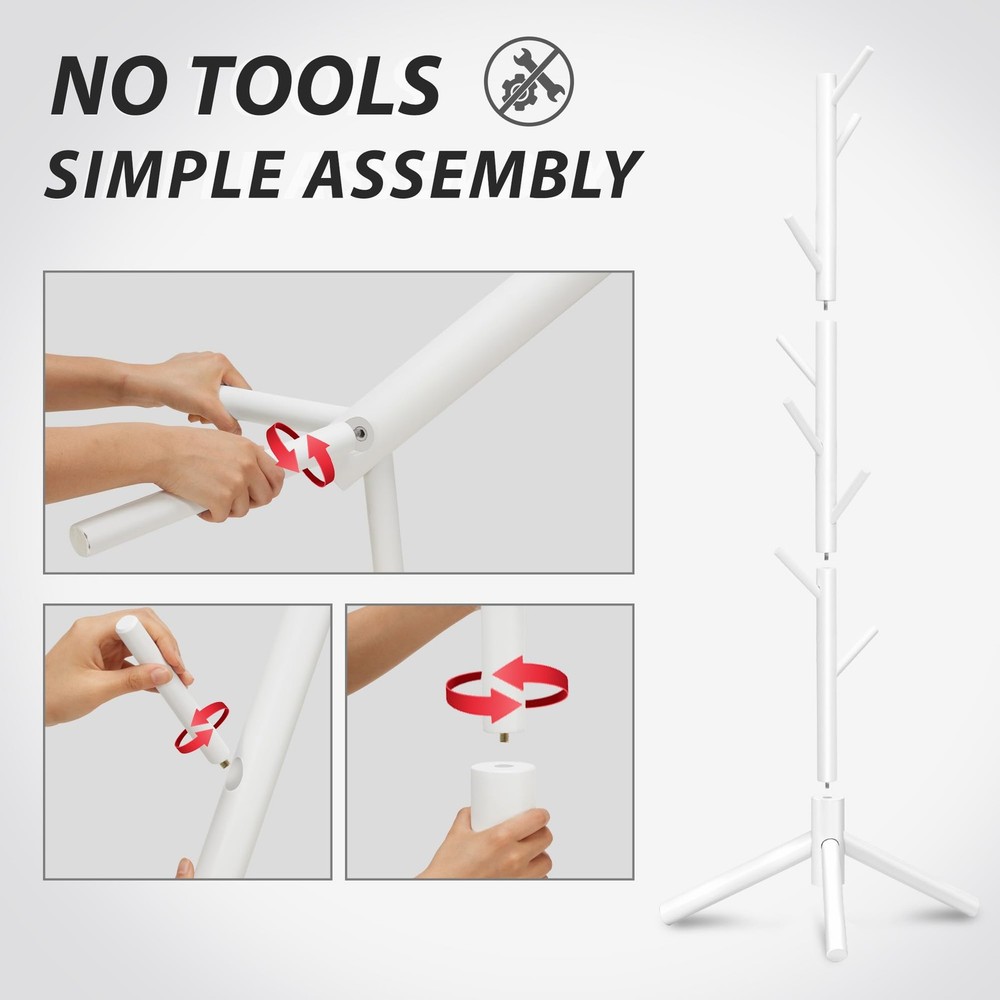 Durable Wooden Coat Rack Freestanding with Stable Triangular Base 8 Hooks &