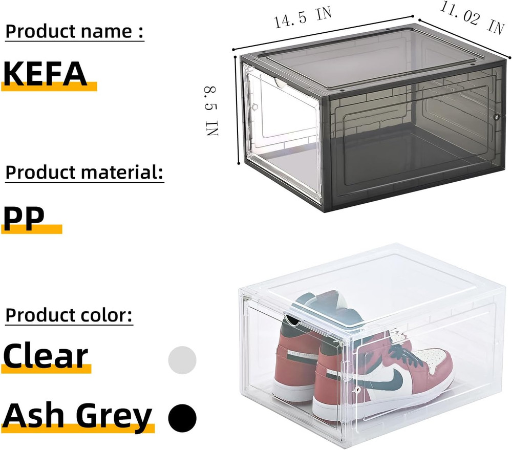 8 Pack US 15 XXL Clear Shoe Storage Boxes Stackable, Shoe Organizer Clear Pla...