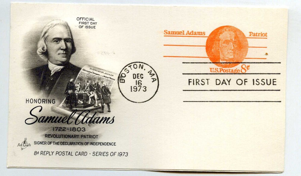 UY24 Samuel Adams Reply Card ArtCraft, FDC
