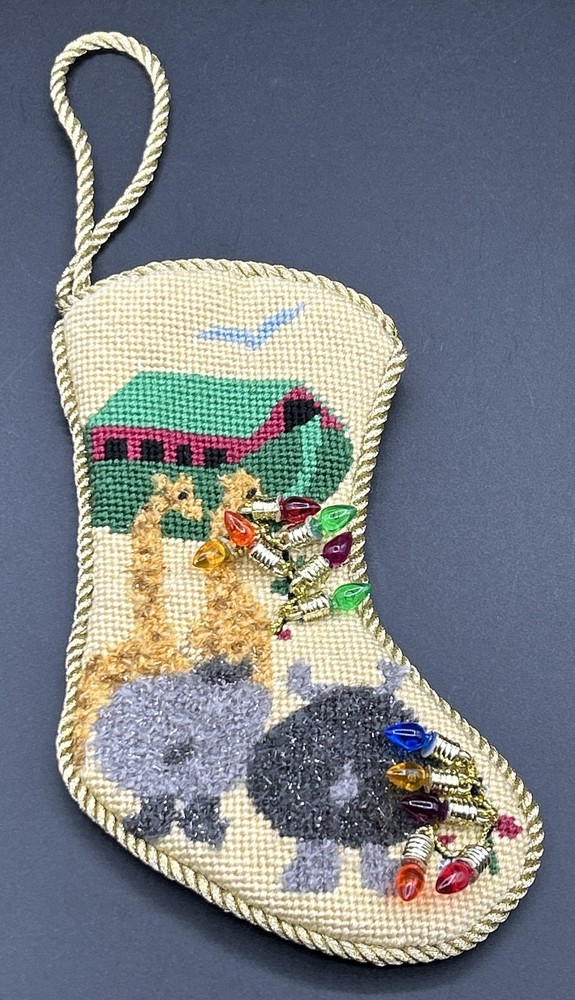 NEEDLEPOINT HANDMADE MINATURE NOAH ARK STOCKING FINISHED