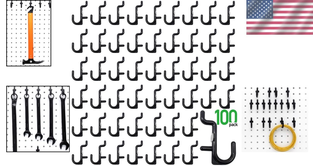 100-Pack Black Pegboard Hooks Kit - Durable J Hook Assortment for Easy Storage