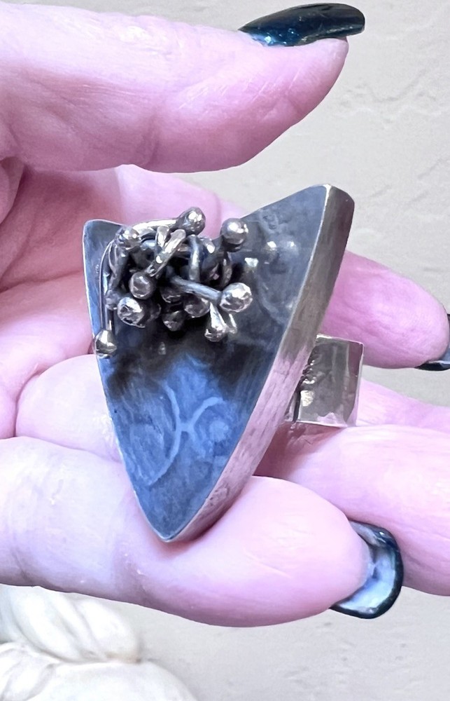 LOVELY Sterling Silver Artisan Large Textured, Articulated Triangular Ring