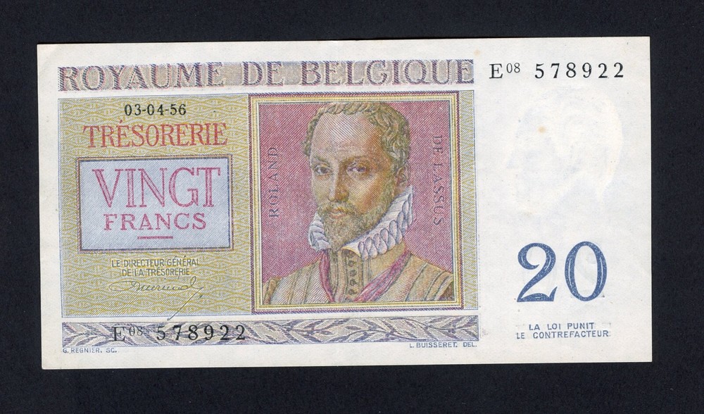 BELGIUM 20 FRANCS  1956   PICK # 132b  XF.