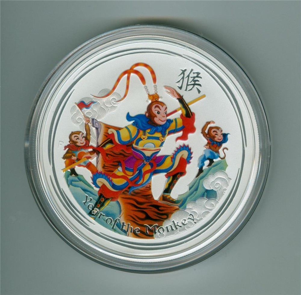 AUSTRALIA 2016 8 DOLLARS MONKEY KING COLORIZED 5 OZ. .999 SILVER GEM BU