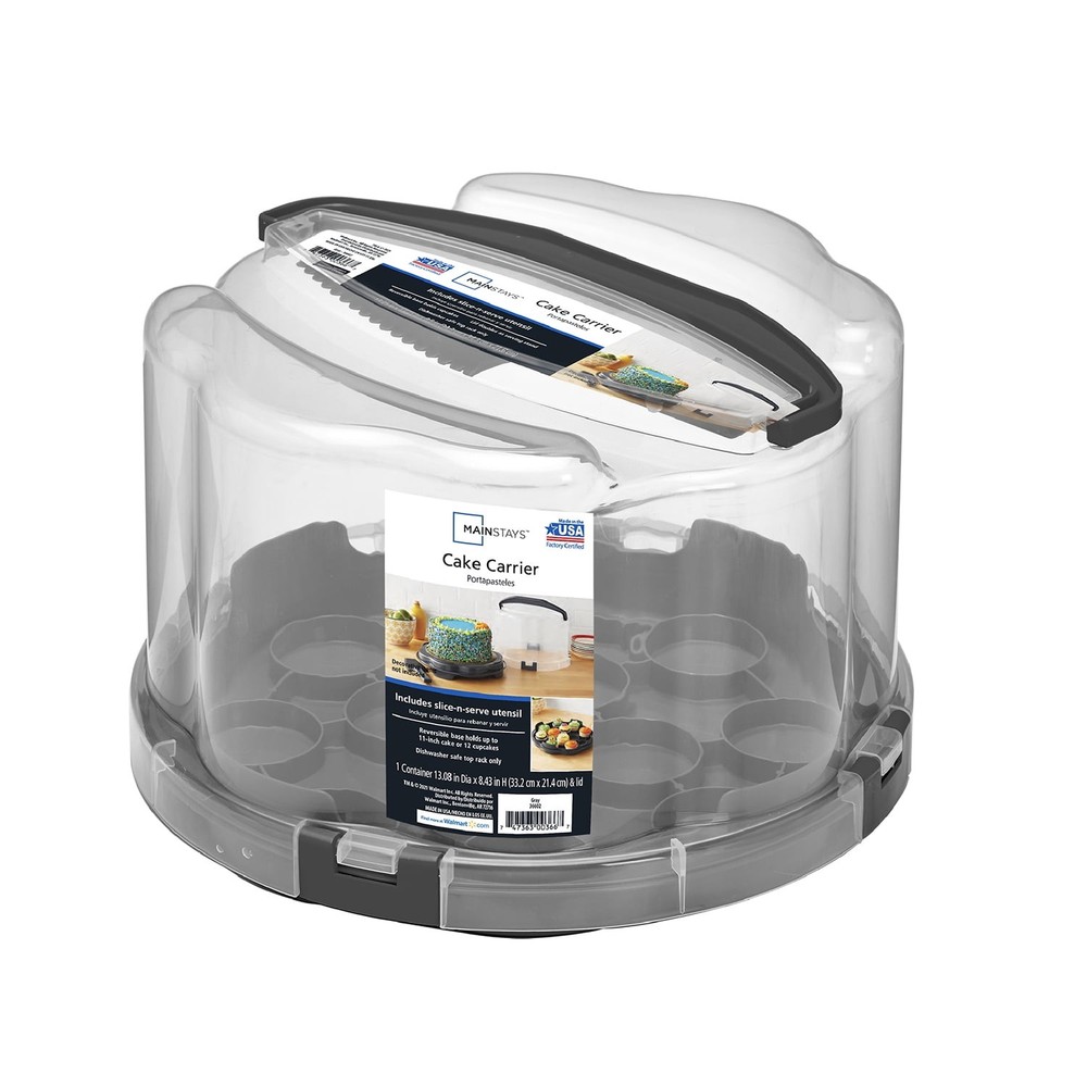 Mainstass Round Plastic Cake and Cupcake Carrier, Clear with Gray Handle