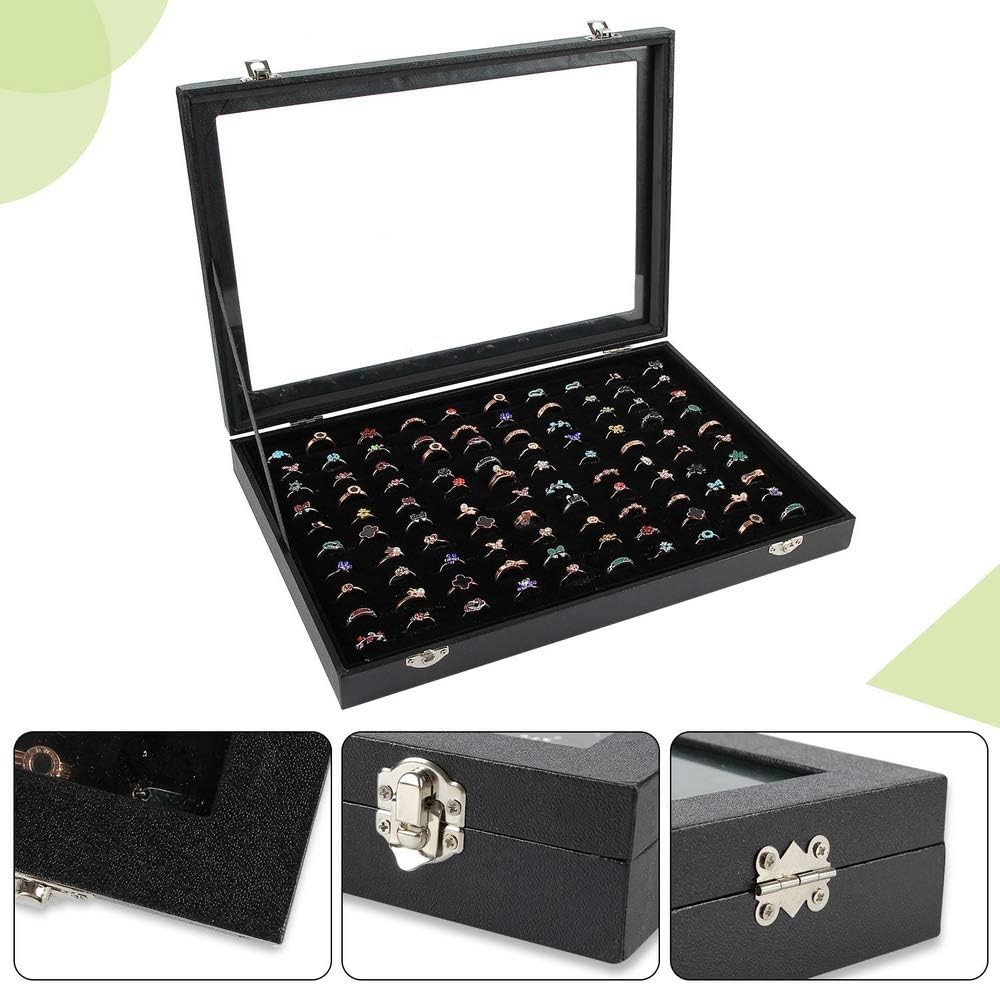 Ring Display Case Organizer Box with Clear Lid 100 Slot Black